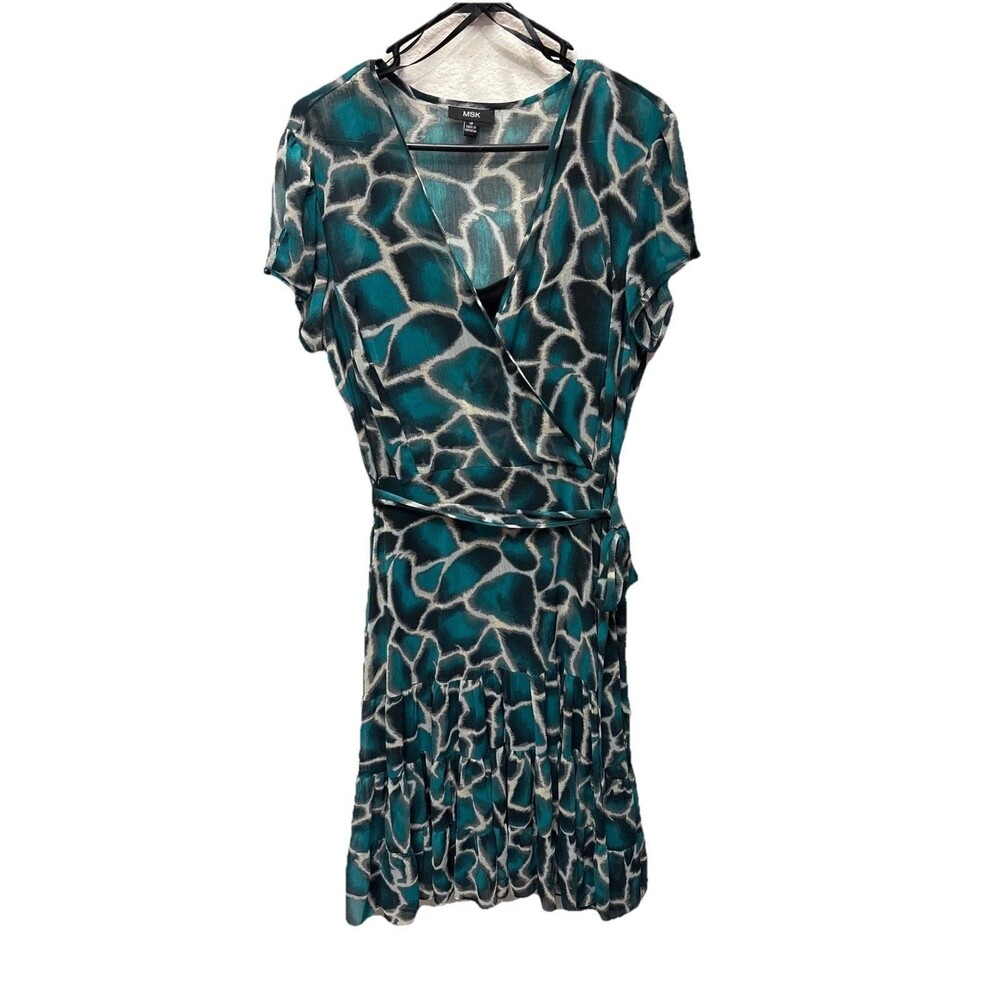 MSK aqua black cap sleeve wrap dress 12 lined belt zip v neck tiered ruffle